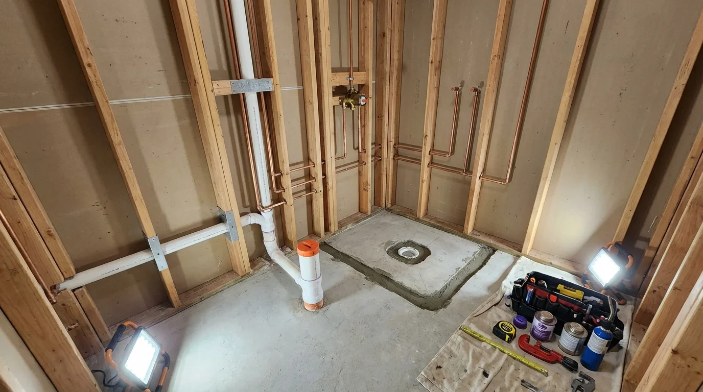 Bathroom rough-in plumbing during remodel by Johns Plumbing LLC in Toms River