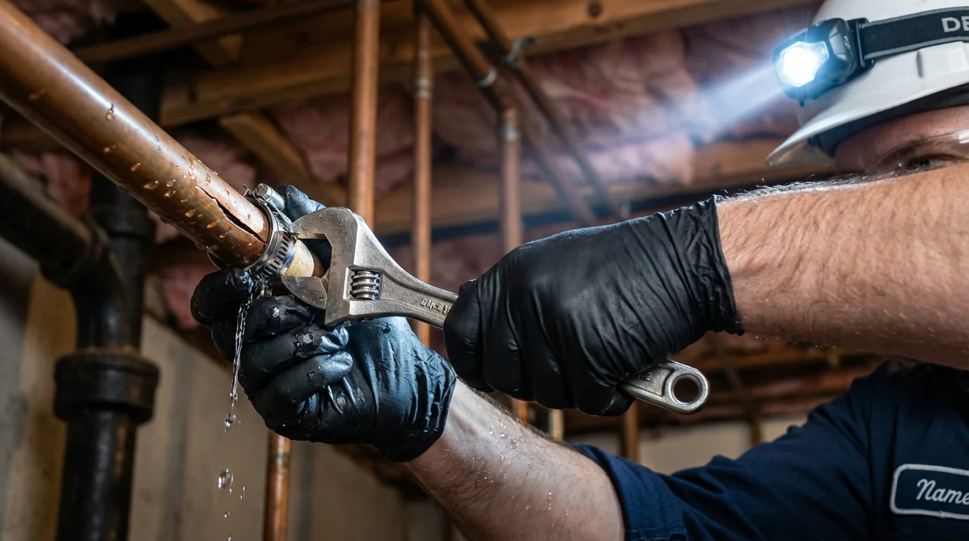Emergency pipe clamp repair being performed by a Johns Plumbing LLC plumber in Toms River