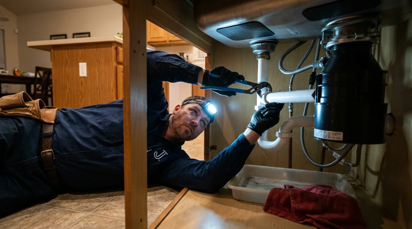 P-trap and supply line connections under a kitchen sink showing a common leak point in Toms River, NJ